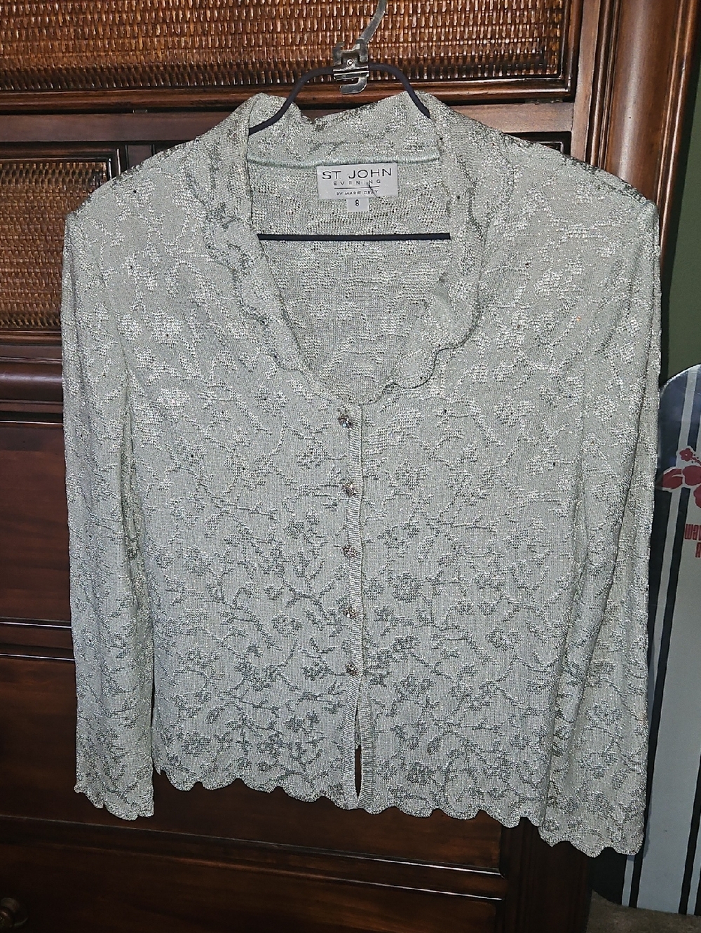 St. John Evening By Marie Gray Metallic Scallop Cardigan Olive Green Top Sz. 8